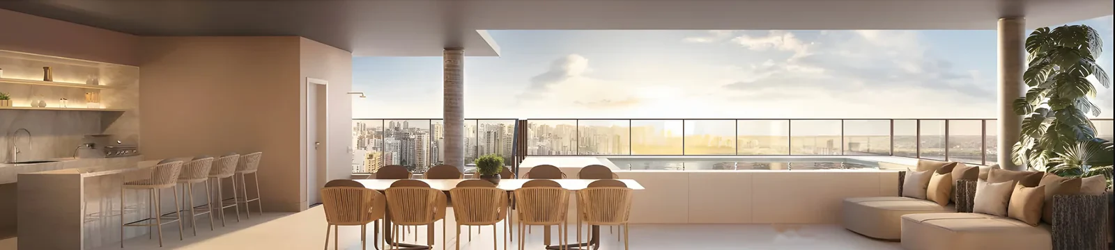 Área gourmet da cobertura com mesa para dez pessoas, piscina e vista panorâmica ao entardecer