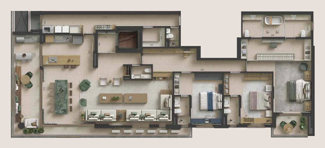 Planta humanizada do apartamento-tipo de 252 m² com opção de sala estendida, 3 suítes, hall privativo, cozinha e varanda
